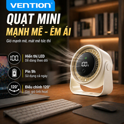 Vention Quạt Để Bàn SIêu Êm Pin 9 tiếng Cả Ngày Mát Mẻ - 100 Tốc Độ tuỳ chỉnh, Đảo Gió 120°, Pin 3000mAh, treo tường dễ dàng