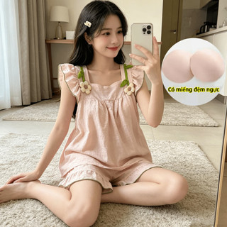 Bộ Pyjama Nữ Dây Đeo Hoa Dễ Thương, Kem Hồng, Mùa Hè Thoải Mái Thoáng Khí Cao Cấp Loungewear