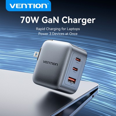 VENTION Bộ Sạc Nhanh 70W GaN Usb C Pd + Usb 3 Cổng Bộ Sạc Chuyển Đổi Với Qc4.0 Pd Usb Typec Nhanh Us Cắm Sạc Cho Phone 17/16/15 Samsung Android Tường 30w 20w 65w - Hàng Chính Hãng