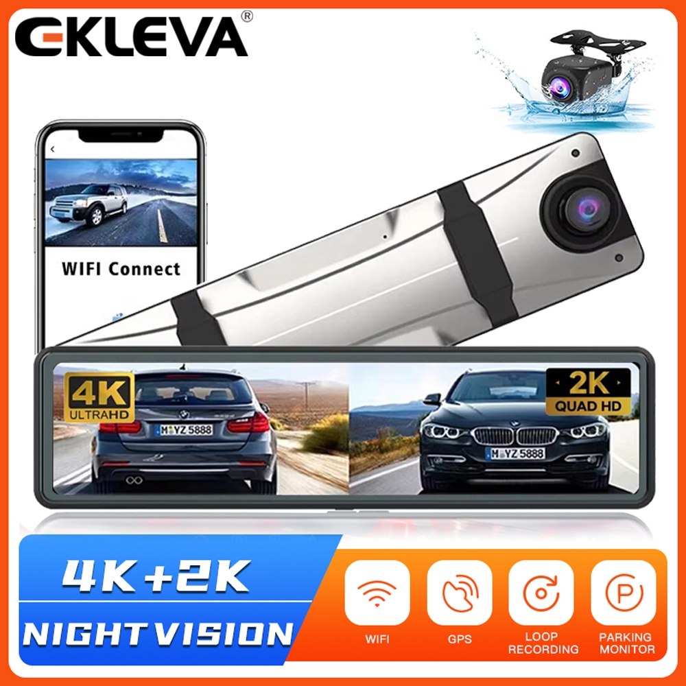 ELKEVA 12 Inch 4K + 2K Xe Dvr WIFI Gương Dash Cam Ống Kính Kép Dashcam Drive Stream Gương Chiếu Hậu 
