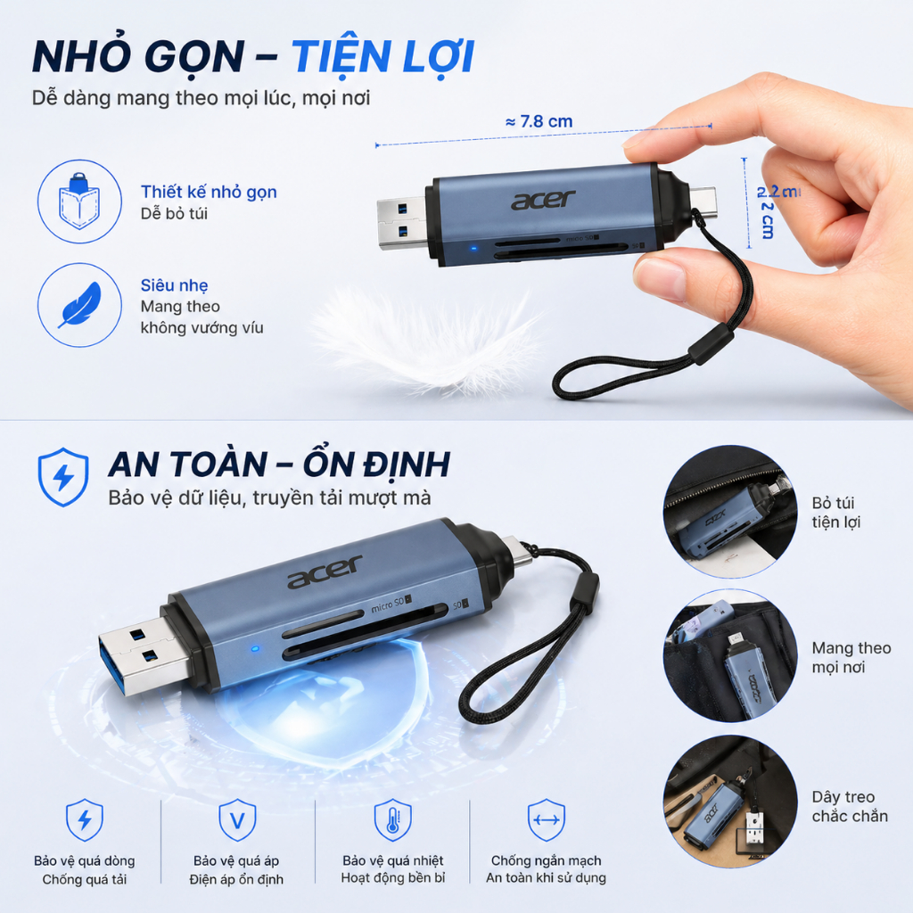 Acer Đầu đọc thẻ 2 trong 1 SD/TF OTG USB C / A Bộ chuyển đổi thẻ nhớ USB 3.0 Type C sang Micro SD Thích hợp cho điện thoại di động máy tính xách tay máy tính bảng máy tính để bàn và ảnh UC202 | BigBuy360 - bigbuy360.vn