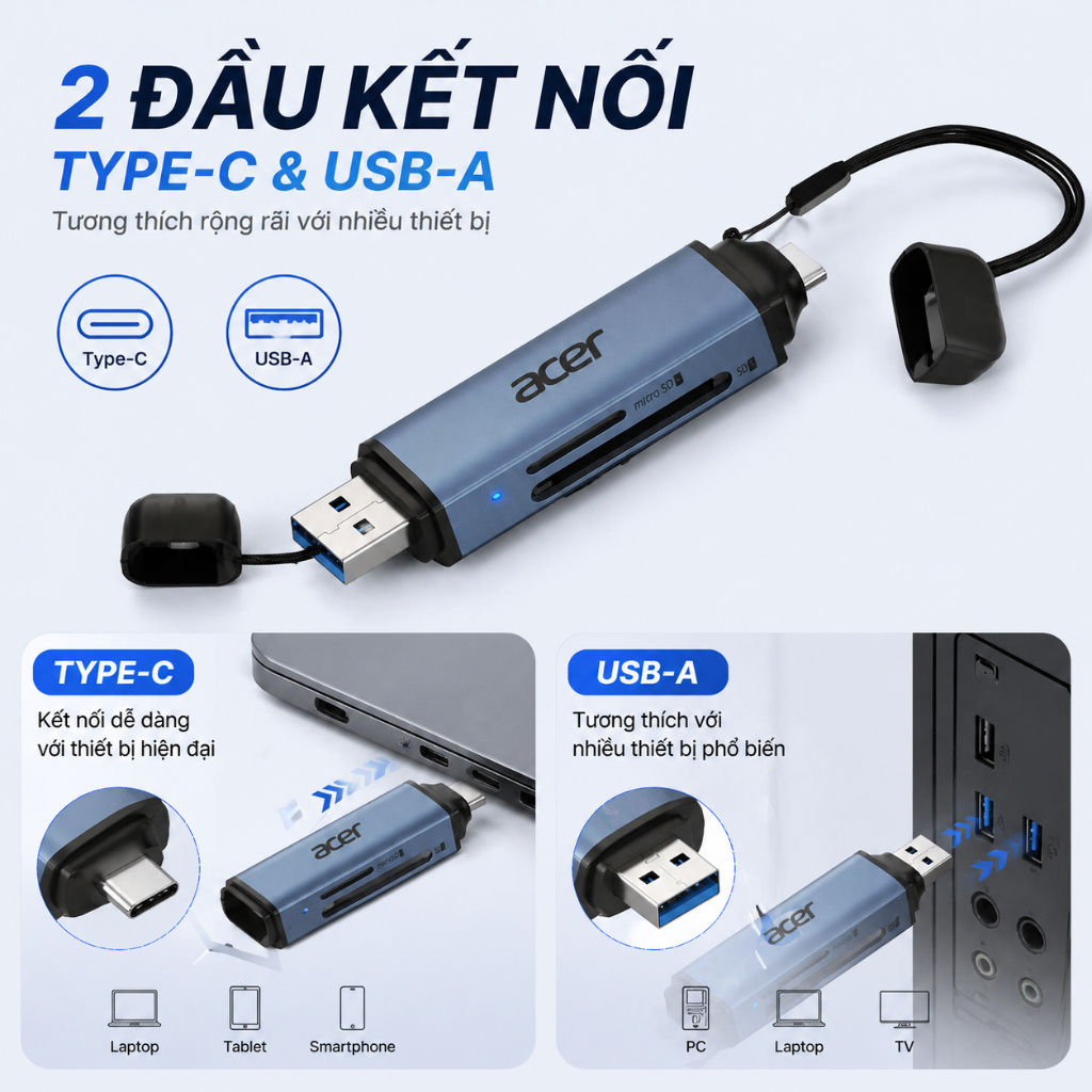 Acer Đầu đọc thẻ 2 trong 1 SD/TF OTG USB C / A Bộ chuyển đổi thẻ nhớ USB 3.0 Type C sang Micro SD Thích hợp cho điện thoại di động máy tính xách tay máy tính bảng máy tính để bàn và ảnh UC202 | BigBuy360 - bigbuy360.vn