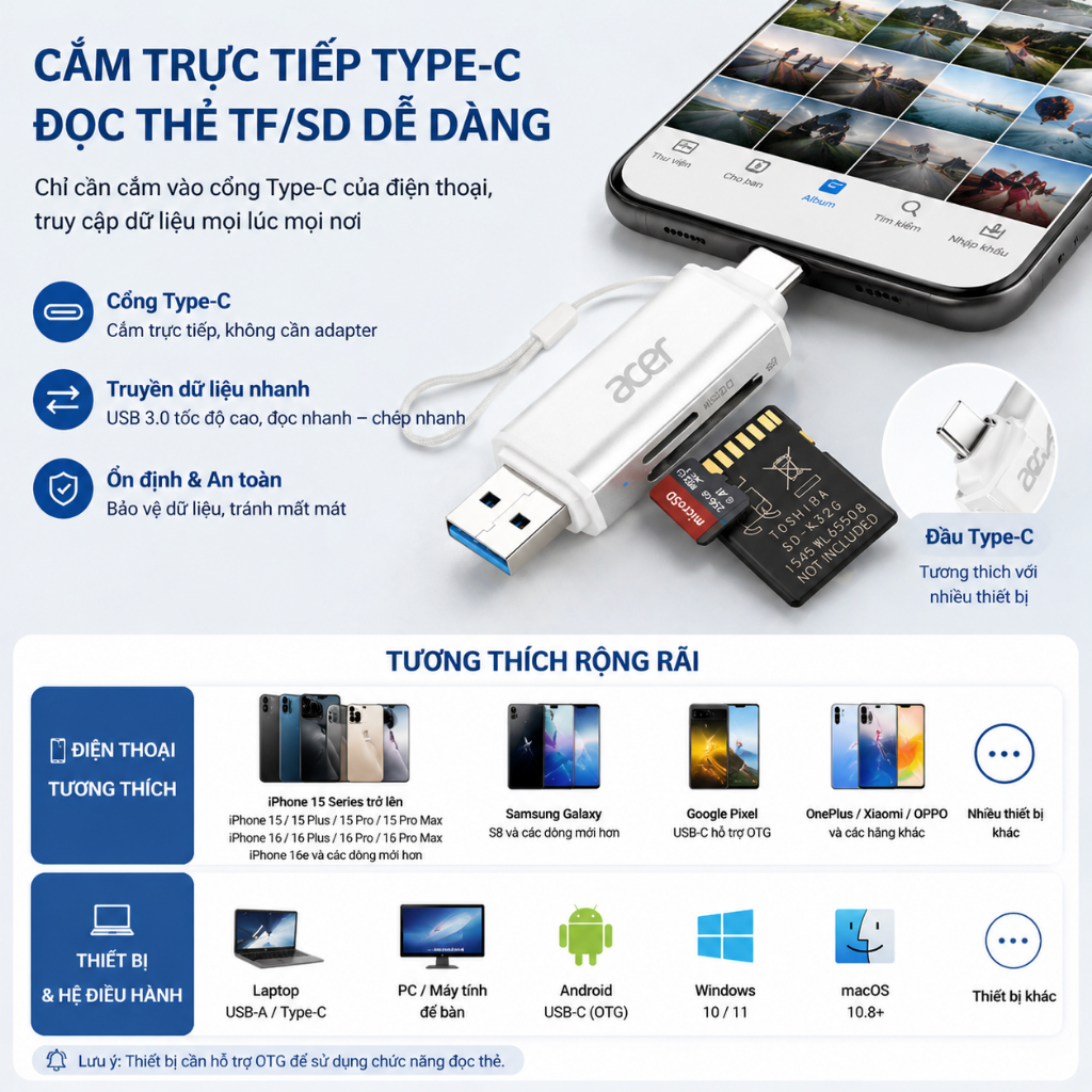 Acer Đầu đọc thẻ 2 trong 1 SD/TF OTG USB C / A Bộ chuyển đổi thẻ nhớ USB 3.0 Type C sang Micro SD Thích hợp cho điện thoại di động máy tính xách tay máy tính bảng máy tính để bàn và ảnh UC202 | BigBuy360 - bigbuy360.vn