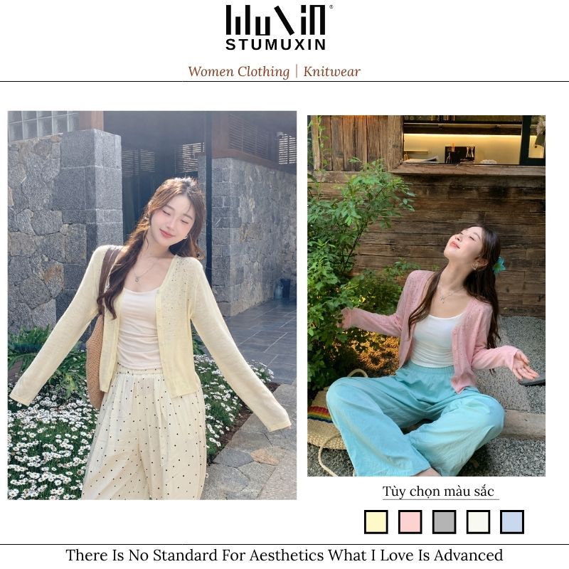 MUXIN Cardigan nữ cổ chữ V, dệt kim mỏng, phong cách Hàn Quốc, áo khoác chống nắng mùa hè ngọt ngào