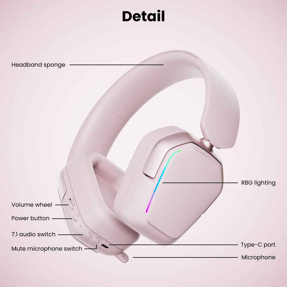 RK Royal Kludge RK HG101 Tai nghe chơi game màu hồng Trình điều khiển loa 40mm không dây có đèn RGB Nút tai da Protein | BigBuy360 - bigbuy360.vn