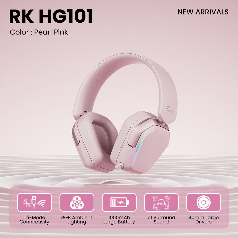 RK Royal Kludge RK HG101 Tai nghe chơi game màu hồng Trình điều khiển loa 40mm không dây có đèn RGB Nút tai da Protein | BigBuy360 - bigbuy360.vn