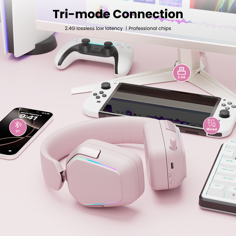 RK Royal Kludge RK HG101 Tai nghe chơi game màu hồng Trình điều khiển loa 40mm không dây có đèn RGB Nút tai da Protein | BigBuy360 - bigbuy360.vn