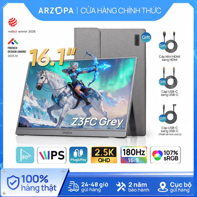 Màn hình di động ARZOPA 16.1" 180Hz Z3FC – 2,5K HDR, 107% sRGB, Siêu mỏng, Chân đế, Chăm sóc mắt, Màn hình thứ hai cho Laptop, PC, PS5, Mac, Xbox