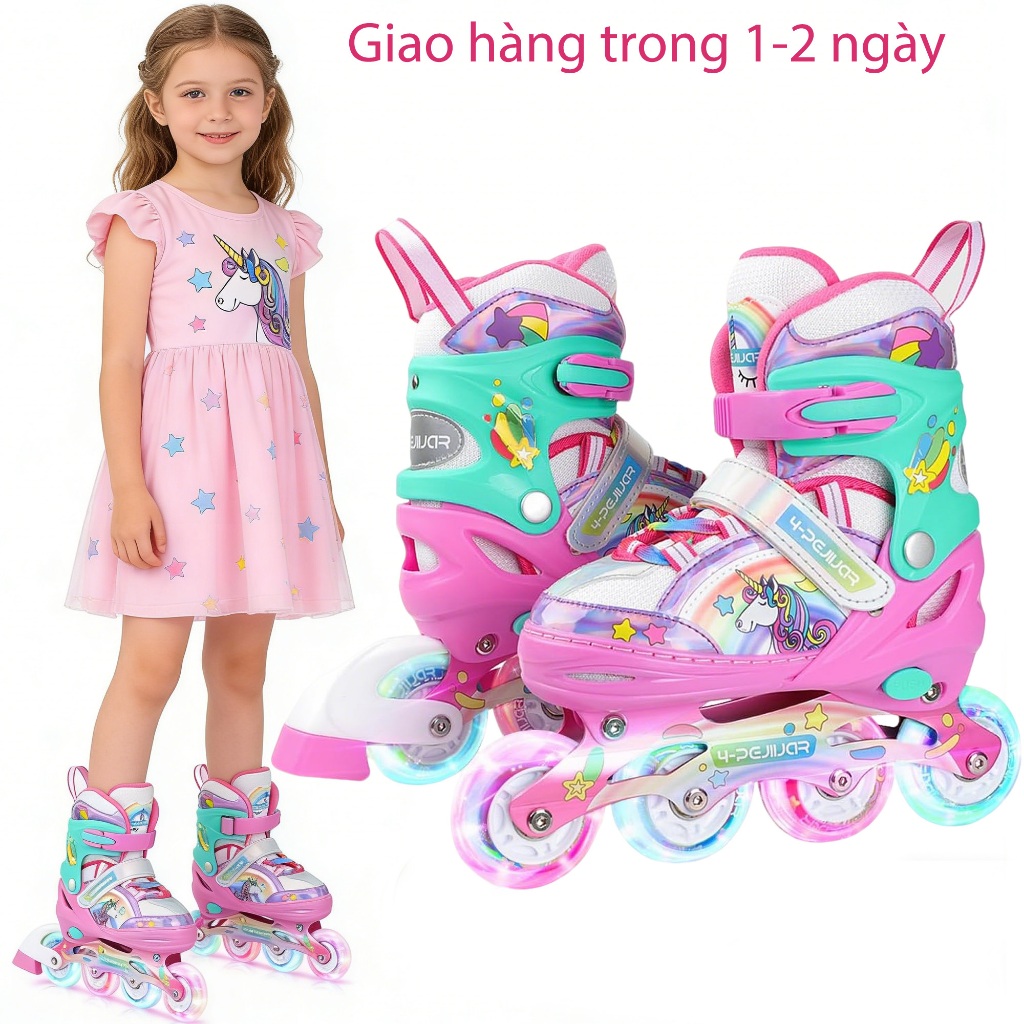 Giày trượt patin một hàng Kỳ Lân,Giày patin trẻ em bánh xe phát sáng, điều chỉnh size Giày trượt rol
