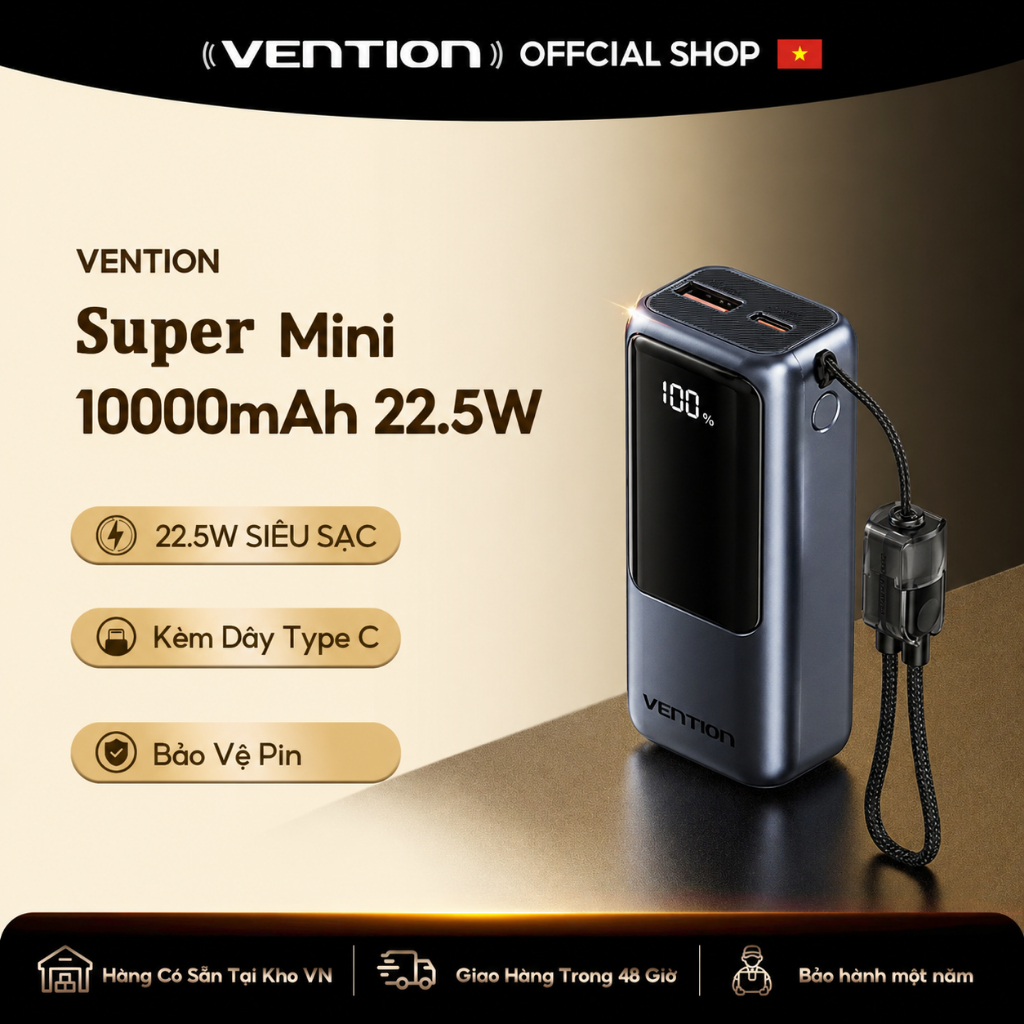【Hàng mới 2026】Vention Sạc dự phòng 10000mAh có dây đeo và cáp Type-C tích hợp sạc nhanh 22.5W hoàn hảo cho du lịch bảo hành chính hãng Dùng được cho IPhone, Samsung, Xiaomi, Vivo, OPPO. | BigBuy360 - bigbuy360.vn