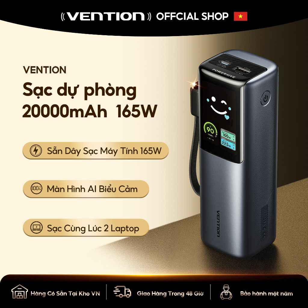 Vention Powerbank 20000mAh 165W Tích Hợp Cáp USB C 5A Sạc Nhanh – Màn Hình TFT Hiển Thị Số, Hàng Chí