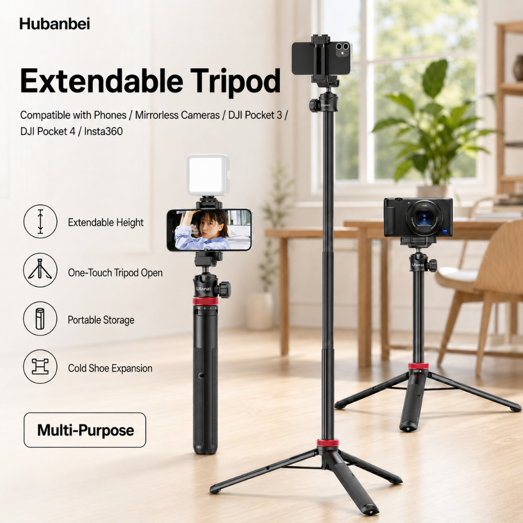 Gậy Selfie kiêm Tripod kéo dài, kẹp điện thoại 2 trong 1, đầu bi 360° quay Vlog cho iPhone Sony DJI 