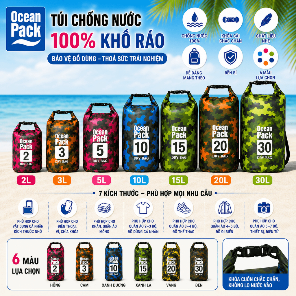 Túi chống nước Ocean Pack 100% chống nước túi khô chống nước 2L 3L 5L 10L 15L 20L 30L balo chống nướ