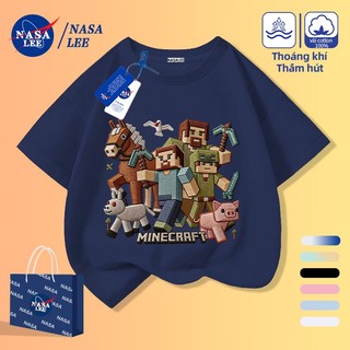 [Giao hàng trong ngày] Áo thun Cotton màu xanh hải quân trẻ em Khối xây dựng hoạt hình Người đàn ông in hình vui nhộn Quần áo thoáng khí mùa hè Tay ngắn Thích hợp cho bé trai 3-16 bé gái