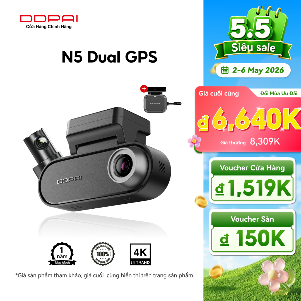 [Mới] Camera DashCam siêu tụ điện GPS DDPAI N5 Dual 2026 4K HDR với bộ kết nối và Radar 4G