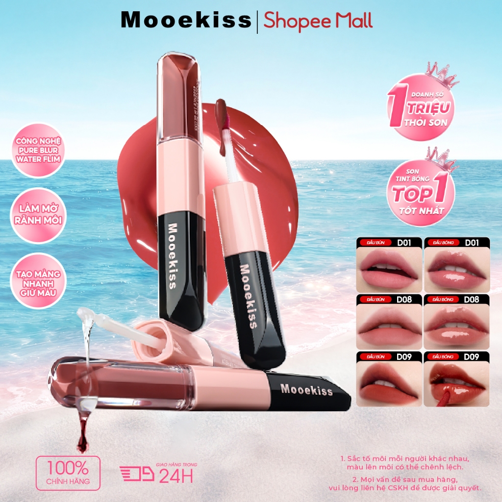 Son kem hai đầu Mooekiss thiết kế 2 trong 1 gồm đầu lì và đầu bóng, chứa 92% tinh chất dưỡng ẩm, giữ môi mềm suốt 8 giờ 6ml | BigBuy360 - bigbuy360.vn