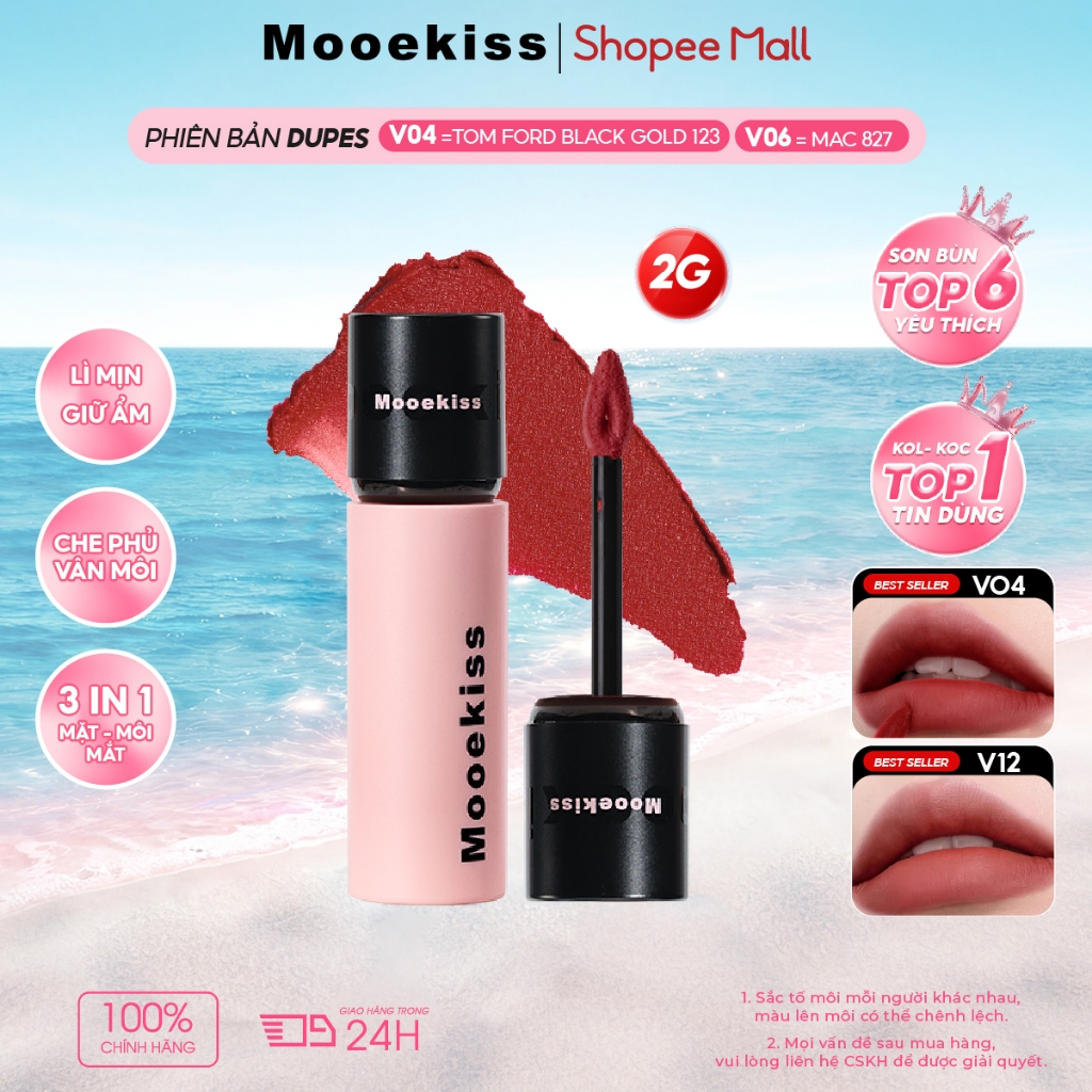 Son bùn Mooekiss chất lì mịn như nhung, không gây khô môi, giúp tôn da và giữ màu lâu trôi, thiết kế mini tiện mang theo 2g | BigBuy360 - bigbuy360.vn