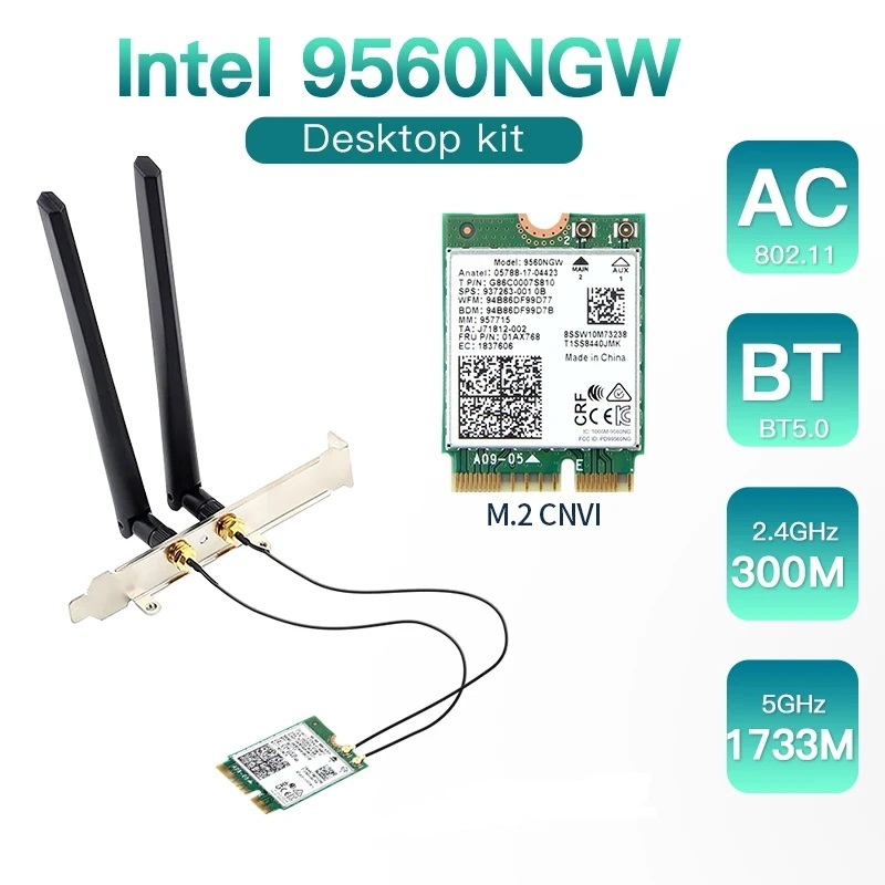 Thẻ WiFi 9560NGW + Ăng-ten không dây 1730Mbps AC 9560 Băng tần kép 2.4G + 5G BT 5.0 802.11Ac M.2 CNV