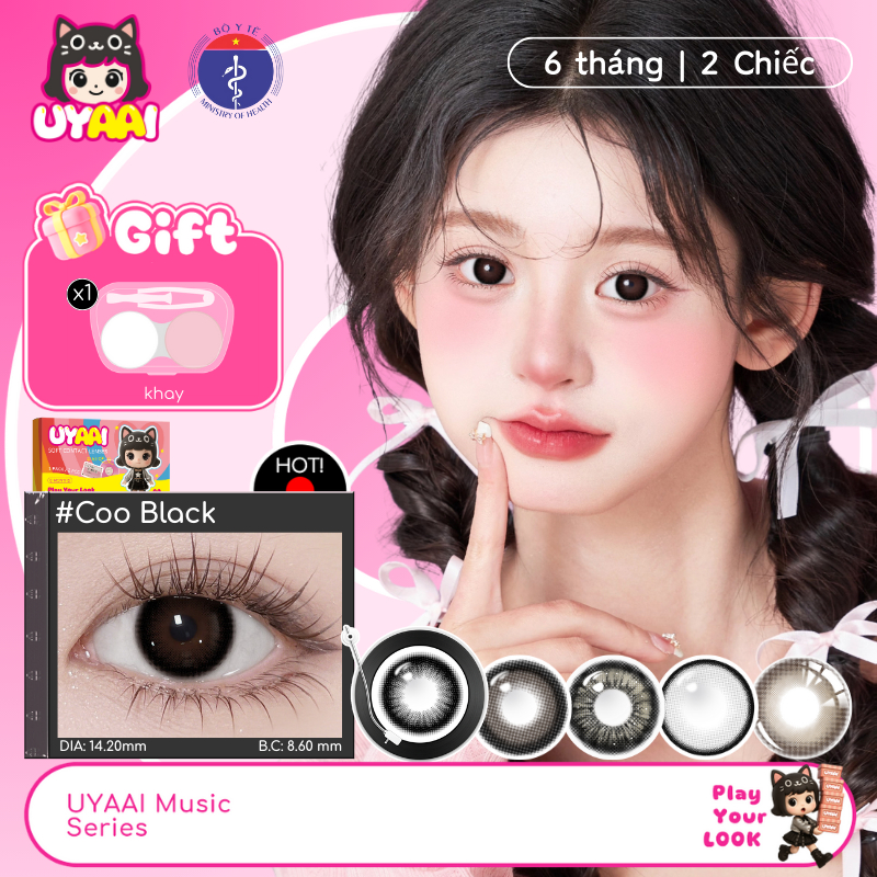 Set (2 chiếc) Kính Áp tròng UYAAI màu đen Độ giãn tròng 14.0/14.2/14.5mm, Độ cận 0.00-4.00 Độ,lens 6 tháng