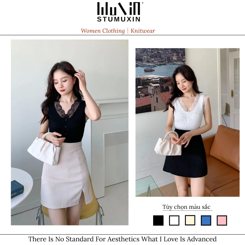 Áo dệt kim cổ chữ V ren nữ MUXIN | Áo len dệt kim sang trọng Slim-fit phong cách Hàn Quốc 2026