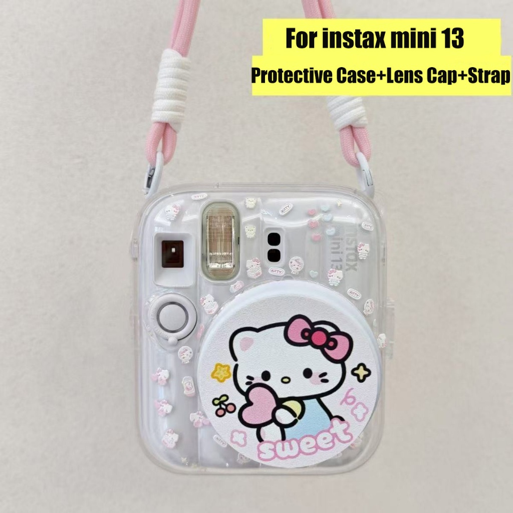 Instax Mini 13 Nắp Ống Kính Trong Suốt Vỏ Bảo Vệ Camera Có Dây Đeo + Miếng Dán + Hello Kitty