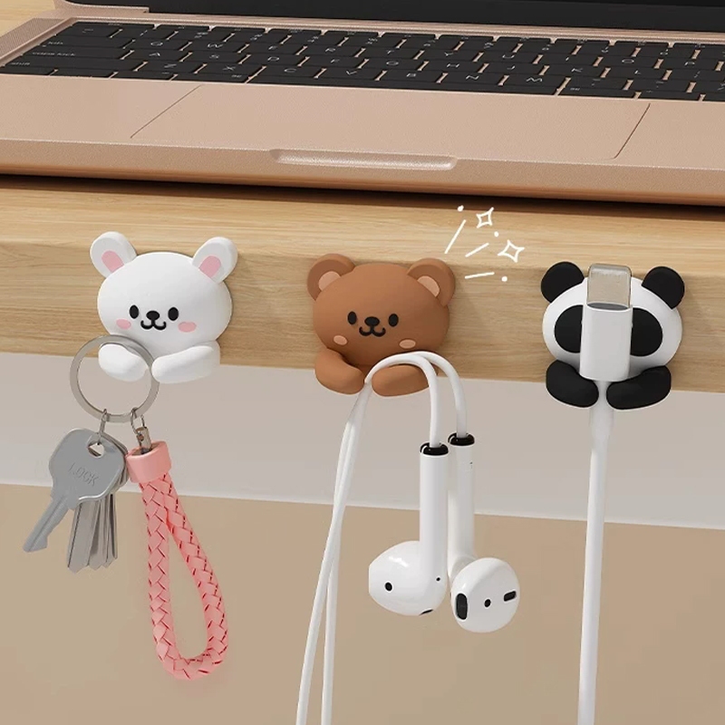 Ins Cute Animals Cable Holder Kawaii Adhesive Earphone Clip Hooks Data Line Fixer Keychain Holder