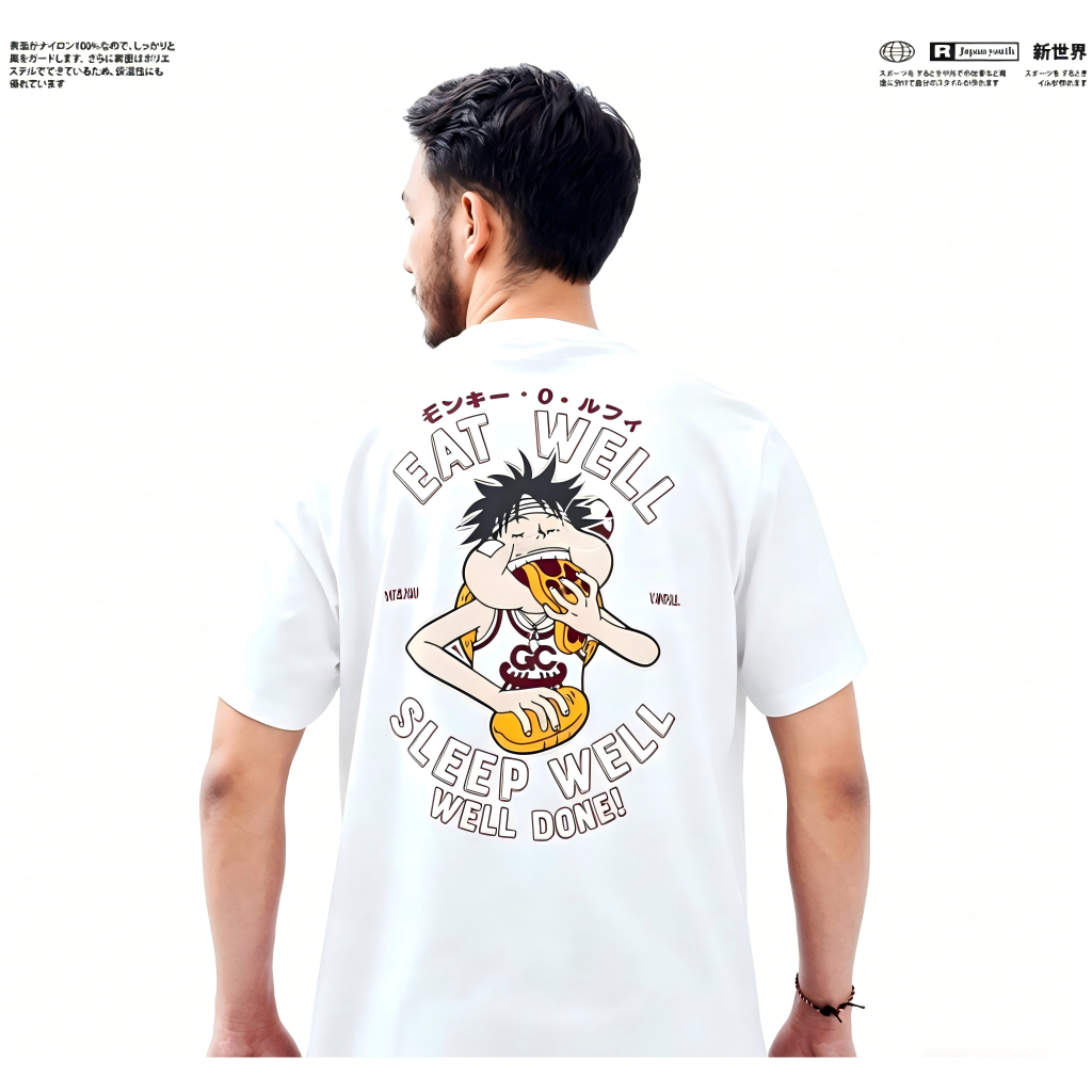 Khỉ Unisex D. Luffy "Eat Well Sleep Well" Áo thun ngoại cỡ, Áo thun dạo phố Anime dễ thương