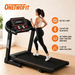 OneTwoFit Máy chạy bộ gập 2.5HP, có loa Bluetooth, 3 nấc độ dốc và đo nhịp tim