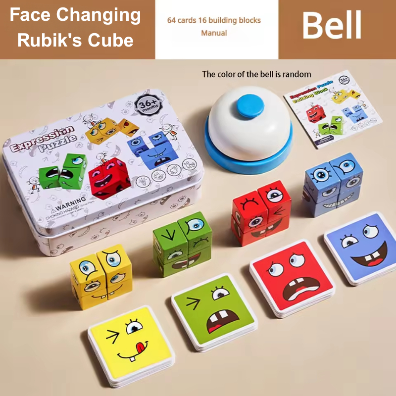 【Educational Toys】Cube Face Change Building Blocks Board Game Wood Puzzle Montessori Expression Wood