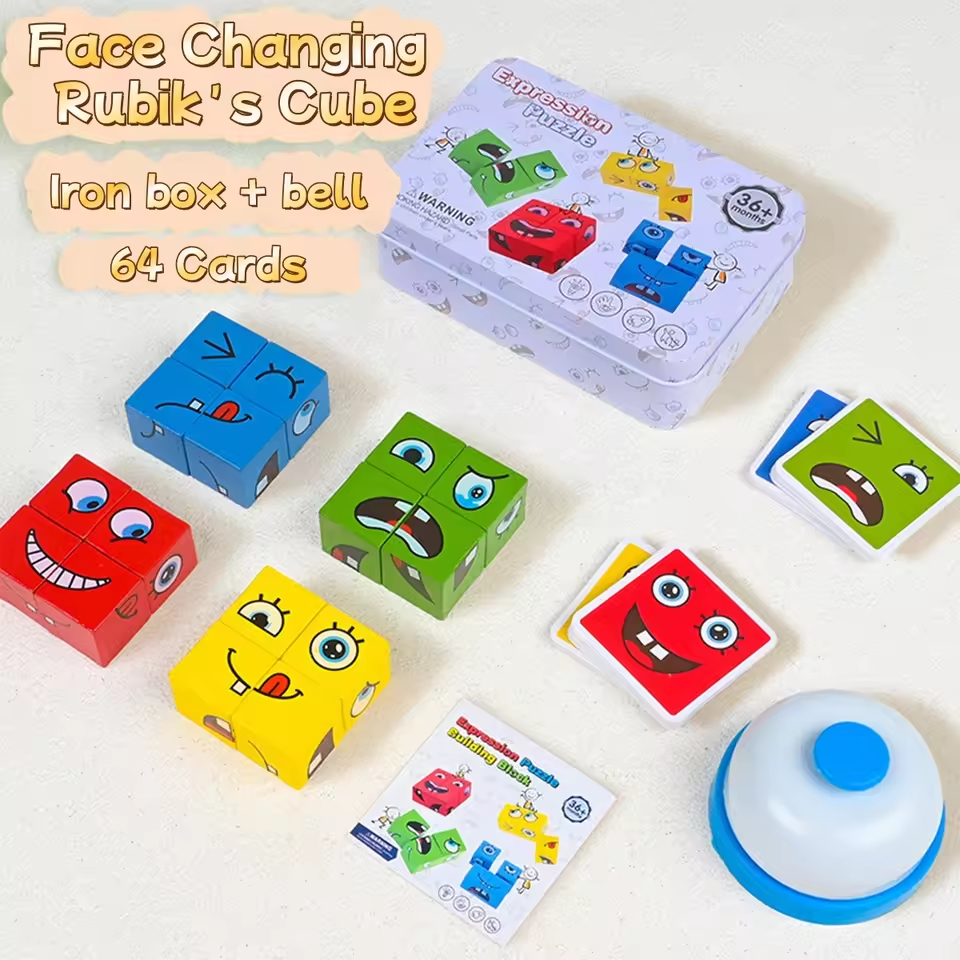 【Educational Toys】Cube Face Changing Wood Puzzle Building Blocks Board Game Montessori Expression Wo
