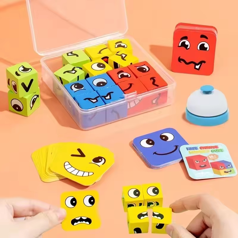 【Educational Toys】Kids Face Change Expression Puzzle Building Blocks Montessori Cube Table Game Toy 