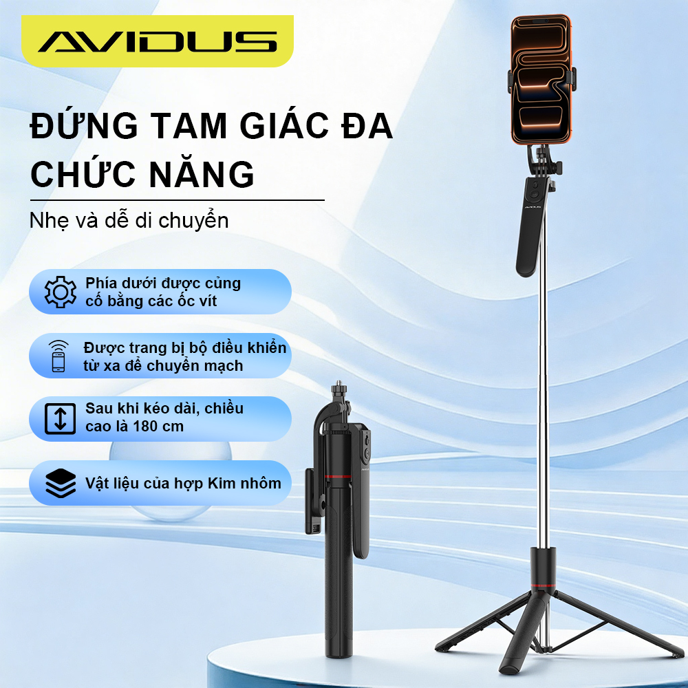 AVIDUS Gậy Selfie R20 170cm có điều khiển từ xa Bluetooth Chất liệu hợp kim…