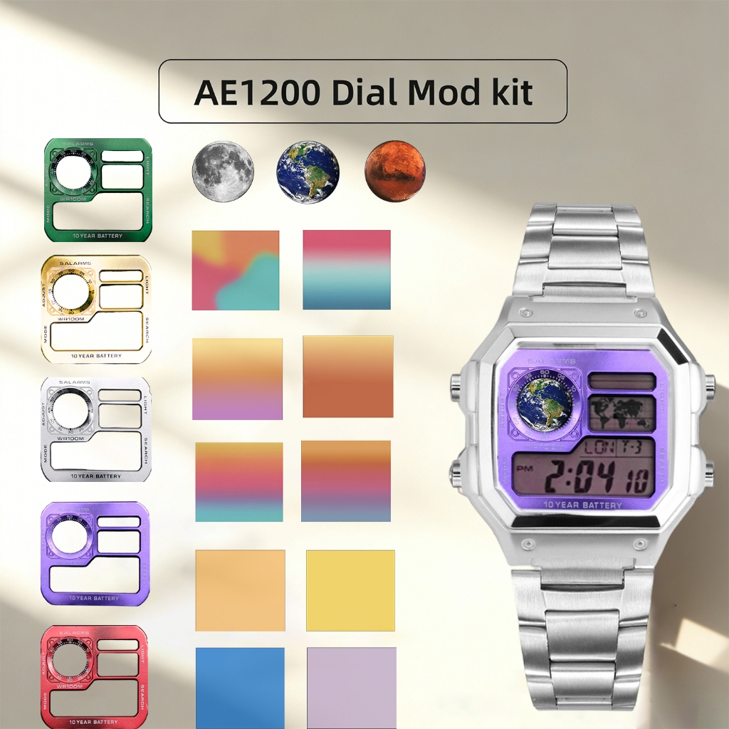 Bộ mod một cửa AE1200 Phim đổi màu + bề mặt mặt mặt số kim loại + nhãn dán tròn nhỏ cho Casio 3229 A