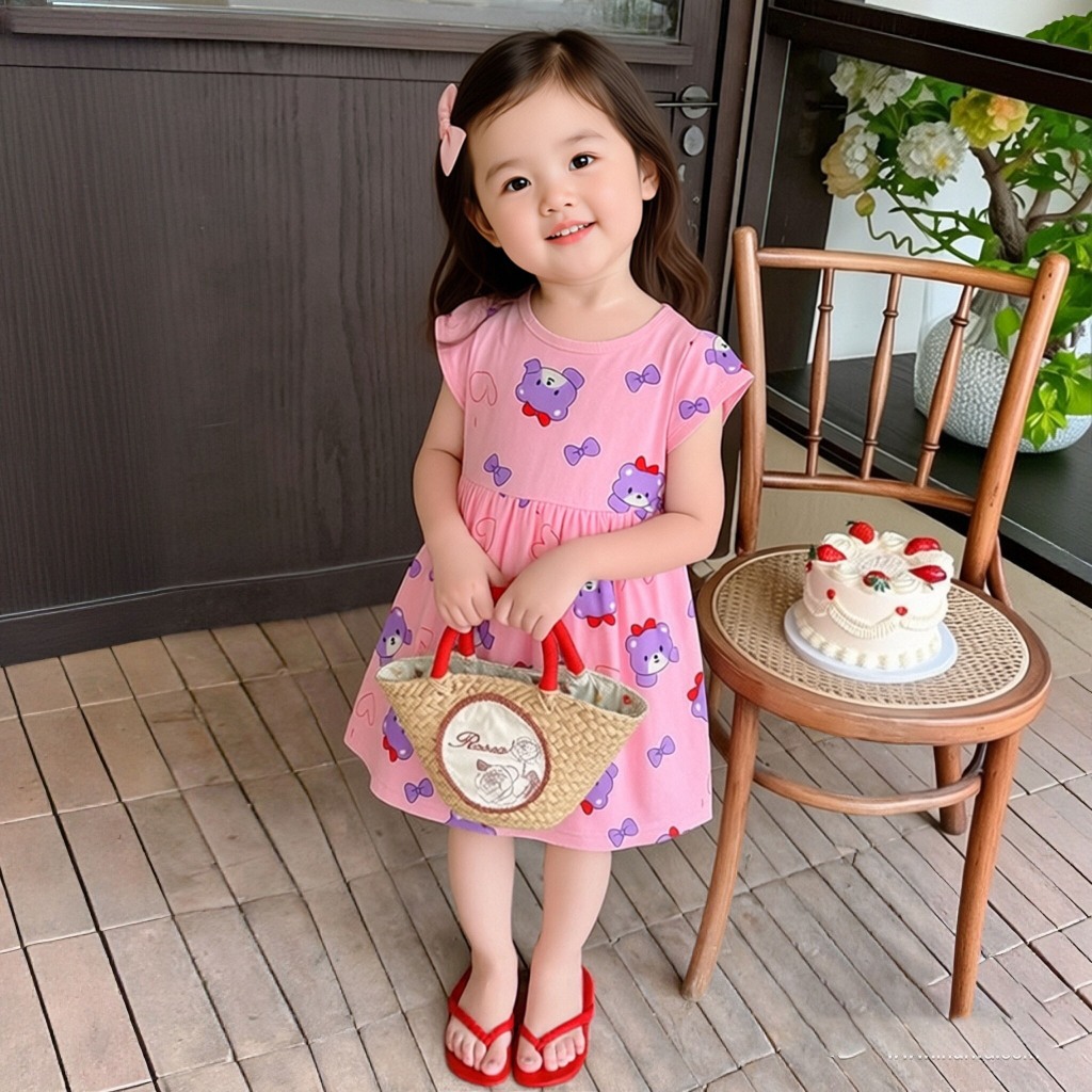 Váy công chúa bé gái 1-4 tuổi mùa hè cotton mềm mại in gấu tím dễ thương hàng sẵn