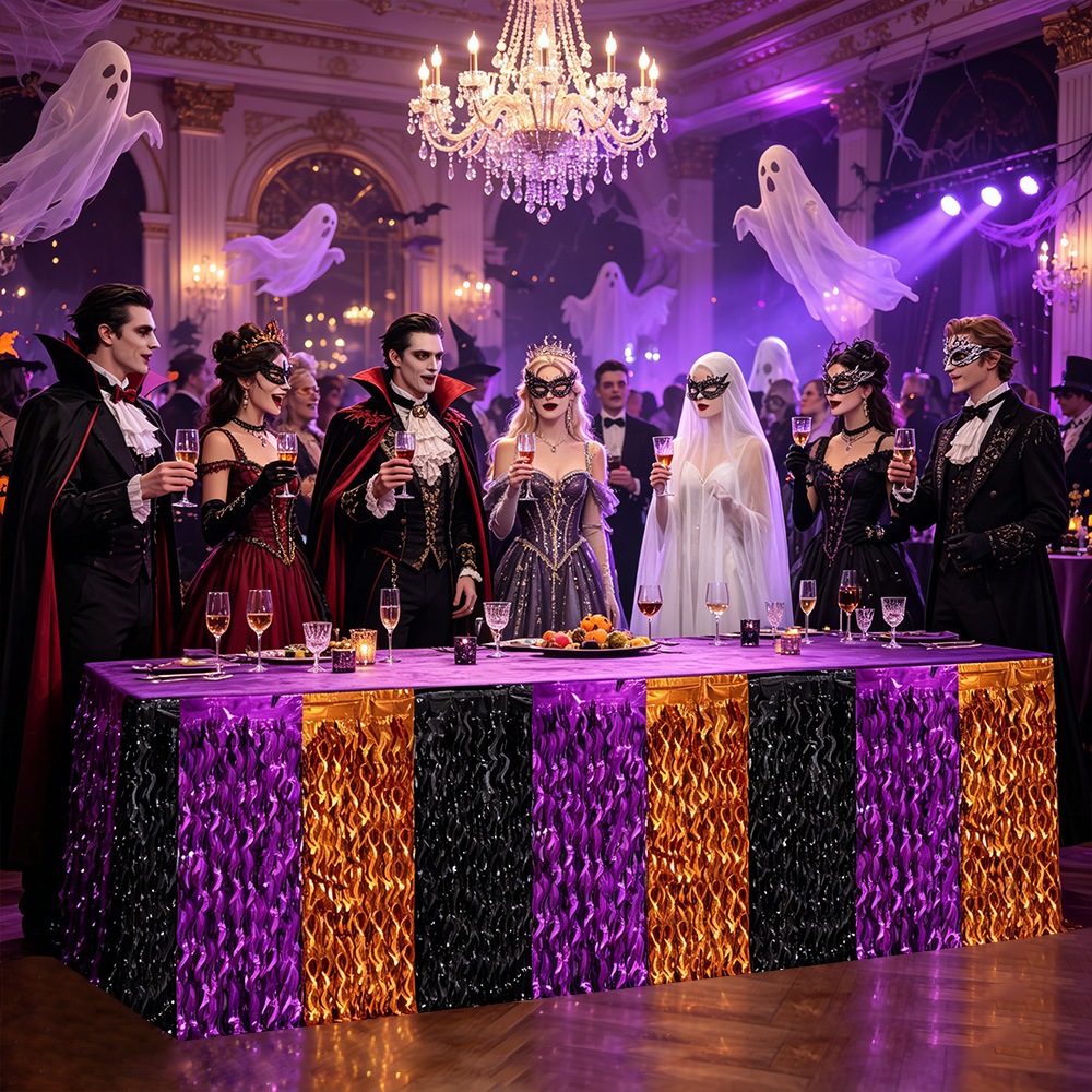 Halloween Lấp Lánh Cong Dao Mưa Lụa Màn Bàn Váy Sóng Chắp Vá Màn Bàn Cho Tiệc Halloween Trang Trí Bà