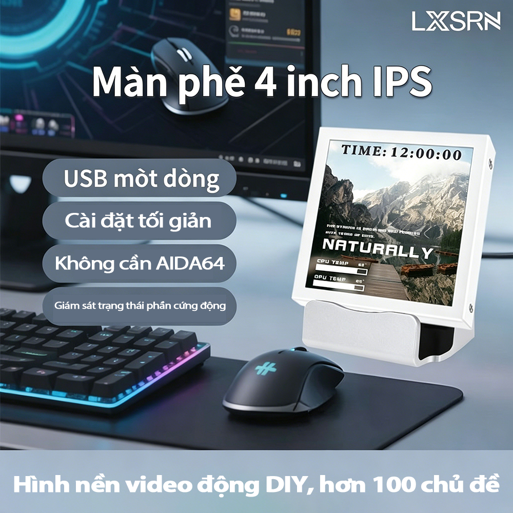 Màn hình cảm biến thùng máy PC LXSRN 4 inch, kết nối trực tiếp USB-C, hiển thị nhiệt độ CPU/GPU, khô