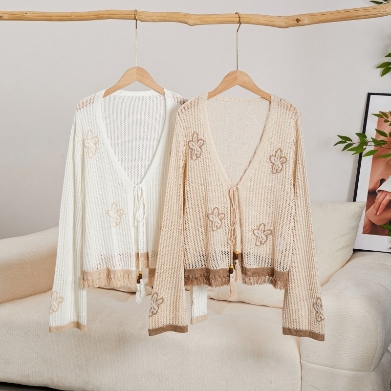 Cardigan Len Nữ Phong Cách Bohem, Dệt Lưới Lỗ Hở Tay Dài, Thêu Bướm Có Tua Rua Thoáng Mát Mùa Hè
