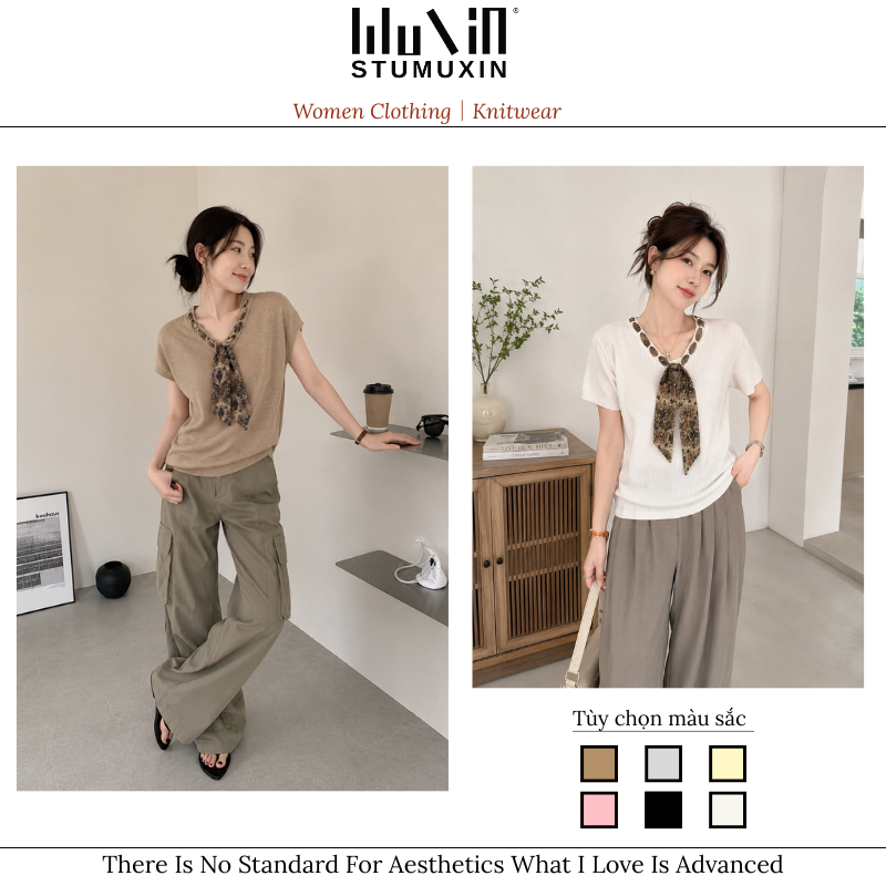 Áo len cổ lụa cổ điển MUXIN dành cho nữ, Áo dài tay dáng rộng phong cách Hàn Quốc kiểu Pháp, Quần áo