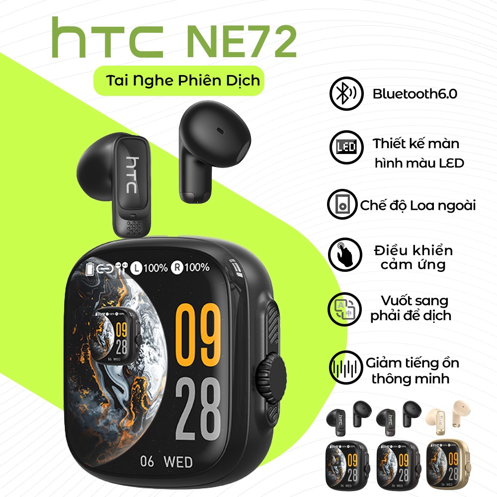 HTC NE72 Vuốt sang phải để dịch AI Dịch Thời Gian Thực 134 Ngôn Ngữ Bluetooth 6.0 Màn Hình LED Cảm Ứng Âm Thanh HiFi Stereo Công Nghệ Khử Ồn Chống Nước IPX5 | BigBuy360 - bigbuy360.vn