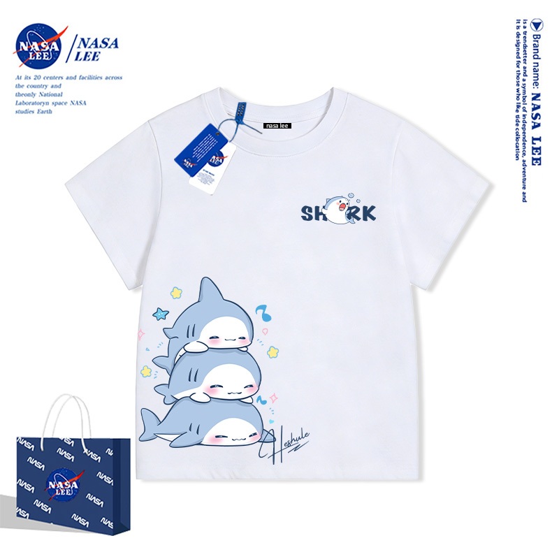 NASALEE Kẻ sọc đối màu kinh điển - Họa tiết cá mập tối giản cao cấp - Áo thun ngắn tay trẻ em