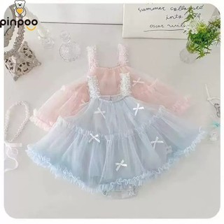 Pinpoo Bé Gái Tuyn Áo Liền Quần Ren Không Tay Body Sheer Puff Tay Áo Cardigan Nơ Ngọt Ngào Công Chúa Trang Phục Cho Trẻ Sơ Sinh Mùa Hè Thường Ngày Sinh Nhật Quần Áo