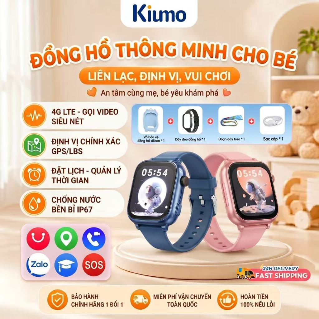 Kiumo【2 Dây Đeo Đồng Hồ + Vỏ Silicon】 Đồng Hồ Thông Minh Trẻ Em 4G Kiumo - Định Vị GPS Chính Xác, Gọ