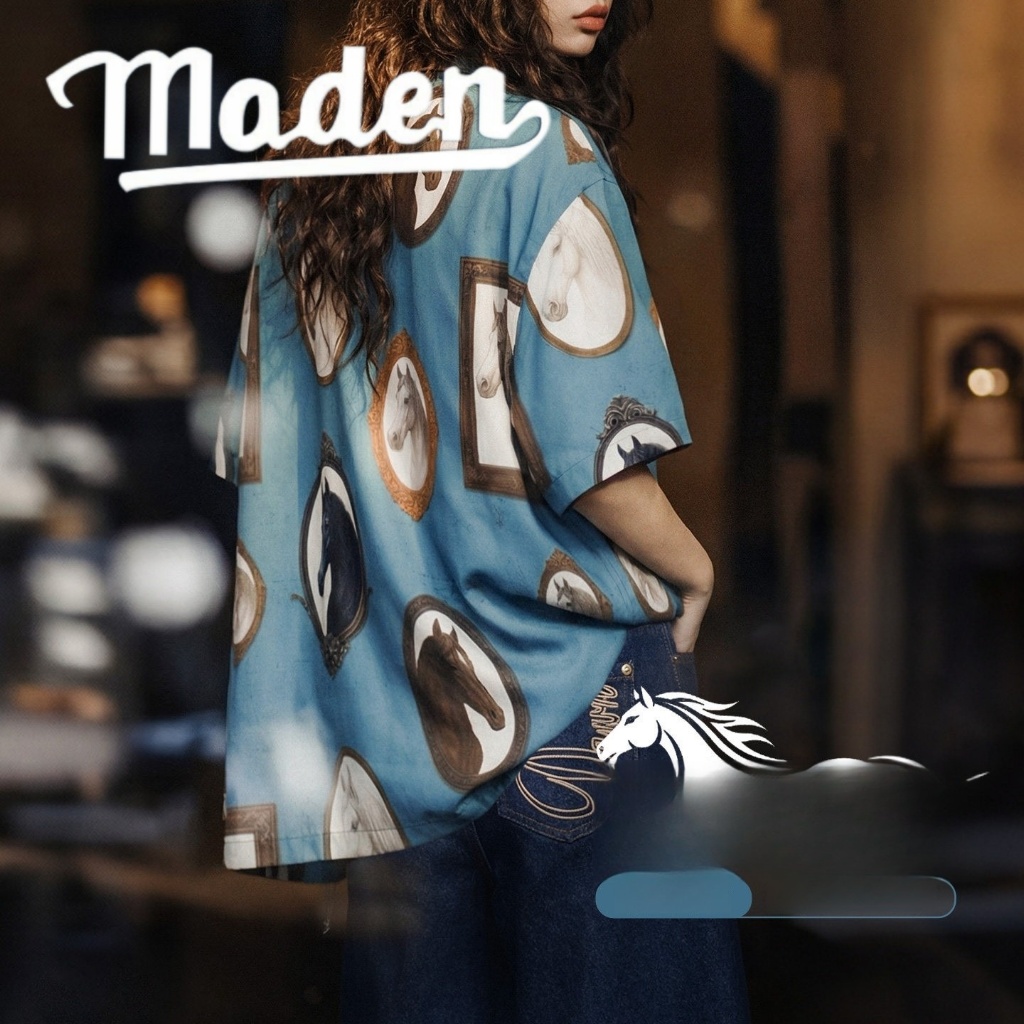 MADEN | Maden American retro ve áo dáng rộng phong cách kỳ nghỉ vui nhộn in hình áo sơ mi tay ngắn t