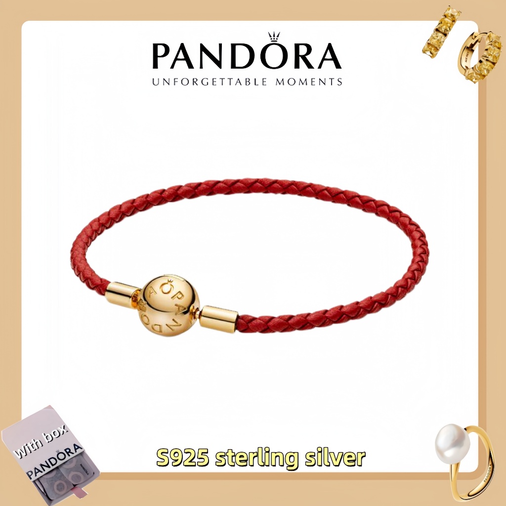 Vòng tay mặt dây chuyền trang sức bạc Pandora S925 (hộp quà tặng miễn phí) Vòng tay da dệt màu đỏ Pa