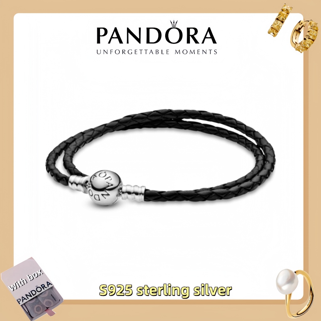 Vòng tay mặt dây chuyền trang sức bằng bạc Pandora S925 (hộp quà tặng miễn phí) Vòng tay bằng da màu