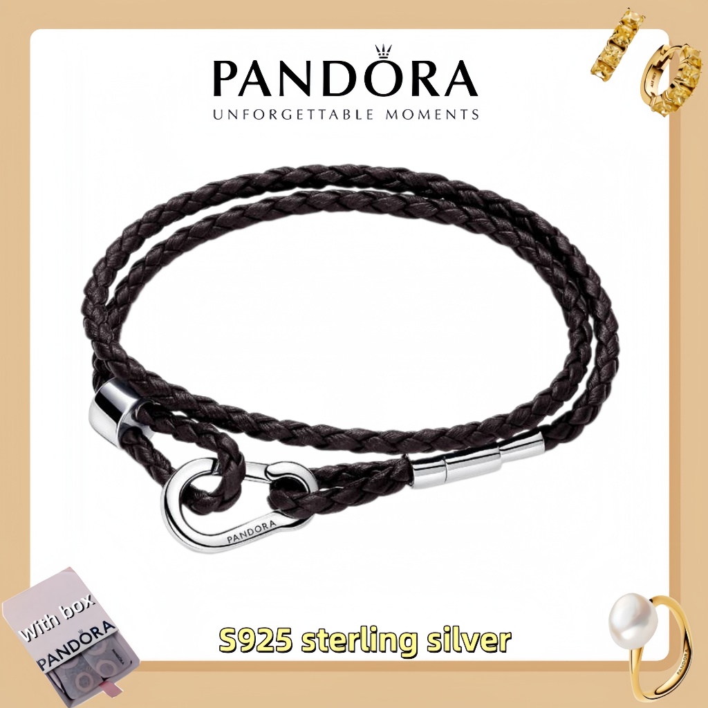 Vòng tay mặt dây chuyền trang sức bạc Pandora S925 (hộp quà tặng miễn phí) Vòng tay da đôi bện màu n