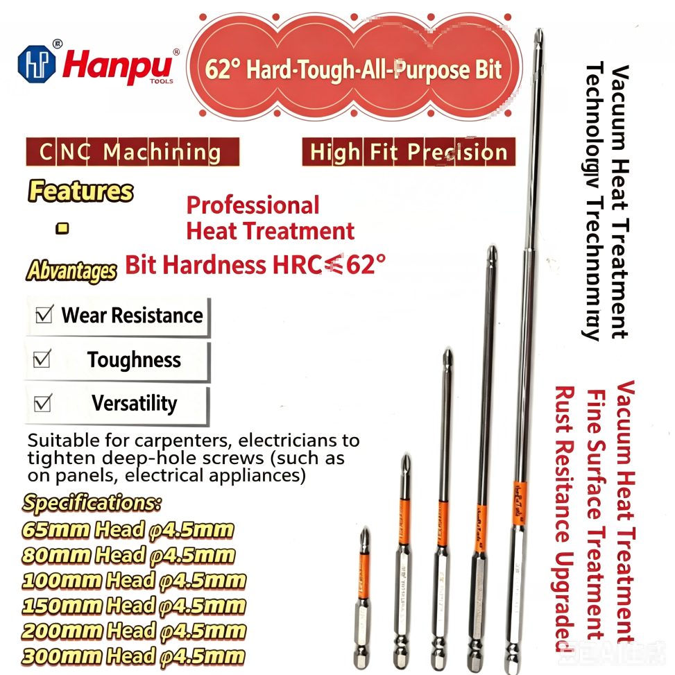 Hamp 63°Chống mài mòn siêu cứng 62°Tuốc nơ vít điện PH2 Phillips Bit từ tính mạnh 61 bit tác động dà