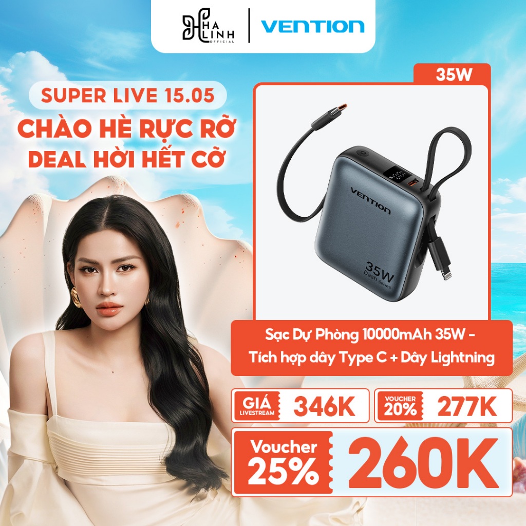 [Võ Hà Linh x Vention] Vention Sạc Dự Phòng 10000mAh 35W - Tích hợp dây Type C + Dây Lightning
