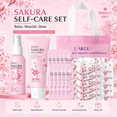 Bộ chăm sóc cơ thể và giấc ngủ thư giãn LAIKOU Sakura - Bộ quà tặng 5 trong 1 | Xịt ngủ Sakura 60ml + 5 chiếc Mặt nạ mắt hơi nước + Sữa dưỡng thể 80g + 10 chiếc Kem dưỡng da tay + Túi quà tặng