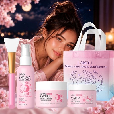 Bộ chăm sóc da phục hồi ban đêm LAIKOU Sakura - Bộ 5 món làm đẹp ngủ | Xịt Ngủ Sakura 60ml + Kem Ngủ 30g + Mặt nạ 25g + Bàn Chải Silicon + Túi Quà Tặng